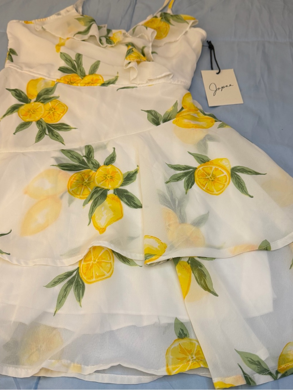 Spaghetti-Strap Lemon Print Ruffle Mini Dress - White & Yellow - Picture 3 of 4